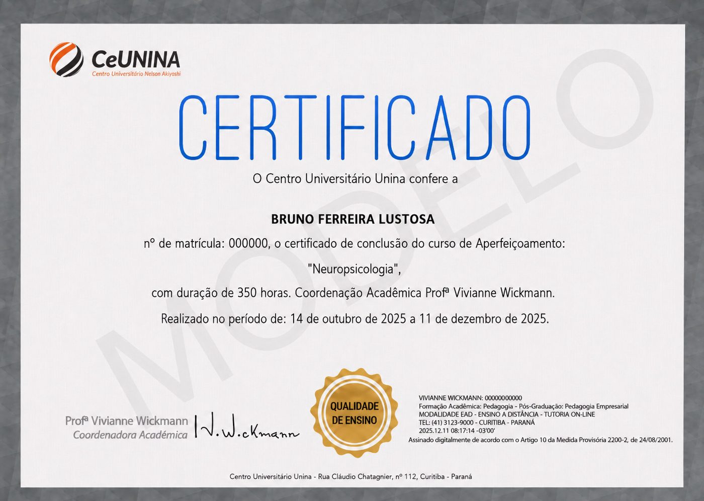 Modelo da frente do certificado, em tamanho maior