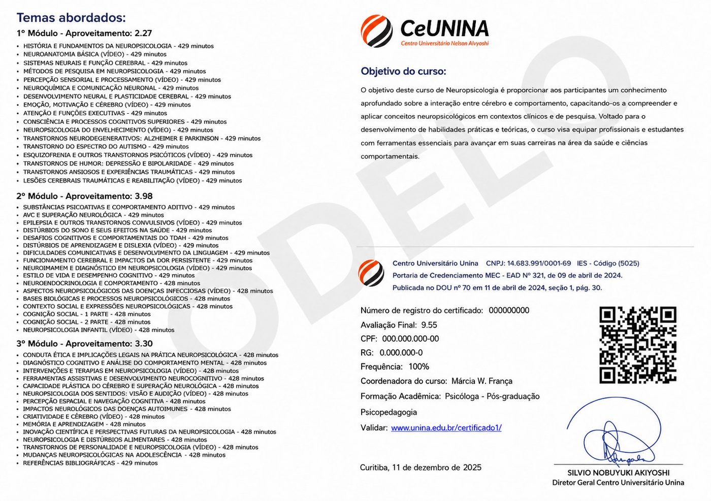 Modelo do verso do certificado, em tamanho maior